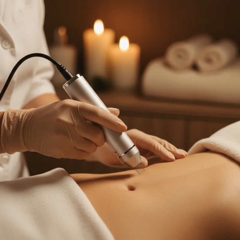 Profissional com luvas aplicando microagulhamento com dermapen em ambiente acolhedor